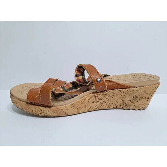 Crocs A-leigh Women's 9 Wedge Sandals Brown Leather Cork Strappy - Picture 5 of 10